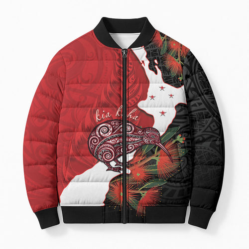 Kiwi New Zealand Personalised Bomber Puffer Jacket NZ Map Pohutukawa Fern Maori Pattern