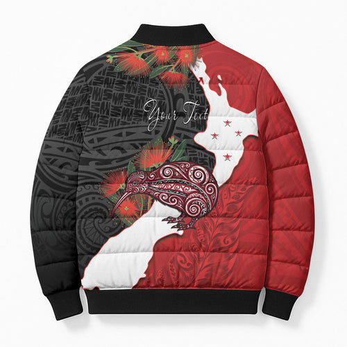 Kiwi New Zealand Personalised Bomber Puffer Jacket NZ Map Pohutukawa Fern Maori Pattern