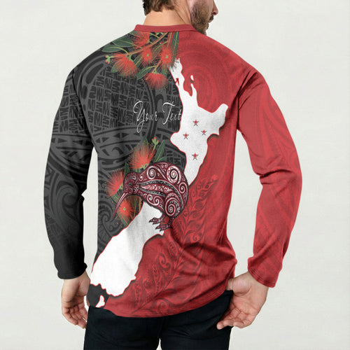 Kiwi New Zealand Personalised Button Sweatshirt NZ Map Pohutukawa Fern Maori Pattern