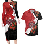 Kiwi New Zealand Personalised Couples Matching Long Sleeve Bodycon Dress and Hawaiian Shirt NZ Map Pohutukawa Fern Maori Pattern