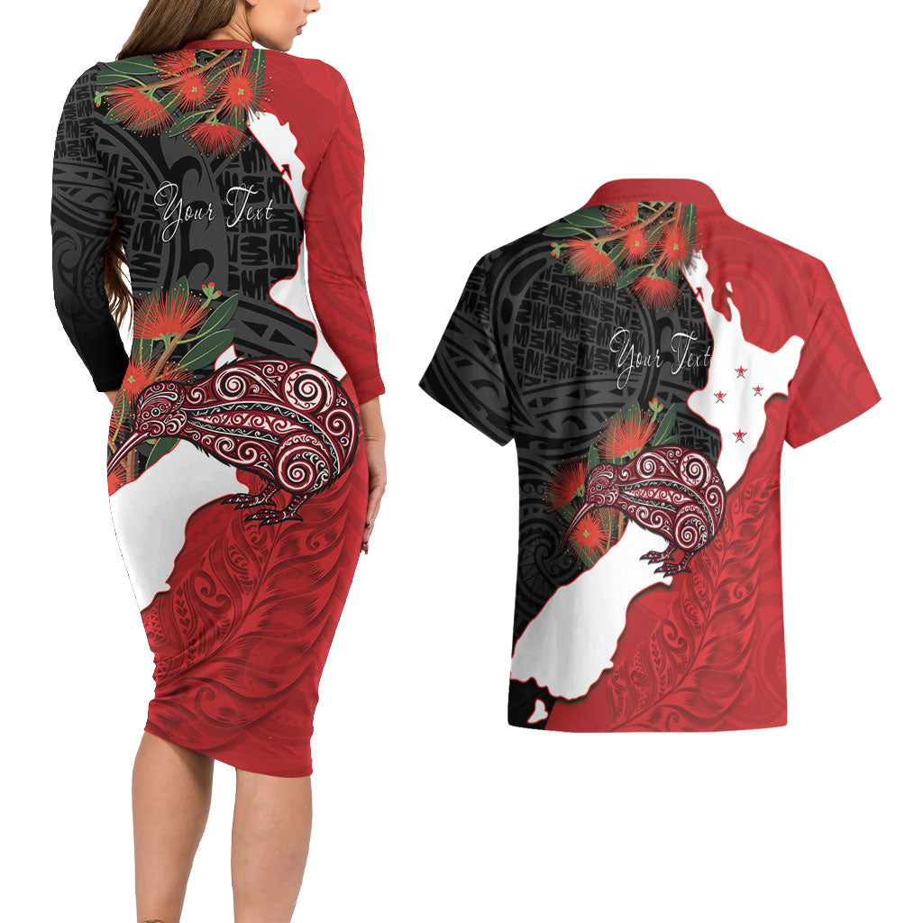 Kiwi New Zealand Personalised Couples Matching Long Sleeve Bodycon Dress and Hawaiian Shirt NZ Map Pohutukawa Fern Maori Pattern