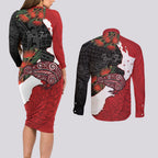 Kiwi New Zealand Personalised Couples Matching Long Sleeve Bodycon Dress and Long Sleeve Button Shirt NZ Map Pohutukawa Fern Maori Pattern