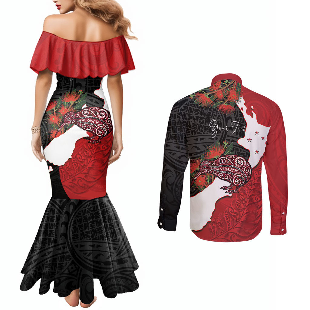 Kiwi New Zealand Personalised Couples Matching Mermaid Dress and Long Sleeve Button Shirt NZ Map Pohutukawa Fern Maori Pattern