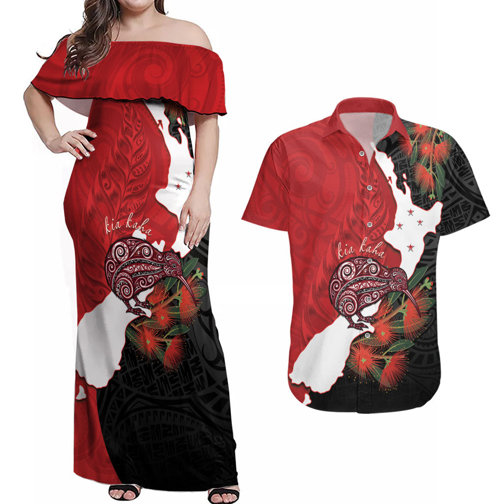 Kiwi New Zealand Personalised Couples Matching Off Shoulder Maxi Dress and Hawaiian Shirt NZ Map Pohutukawa Fern Maori Pattern