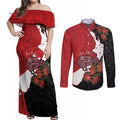 Kiwi New Zealand Personalised Couples Matching Off Shoulder Maxi Dress and Long Sleeve Button Shirt NZ Map Pohutukawa Fern Maori Pattern