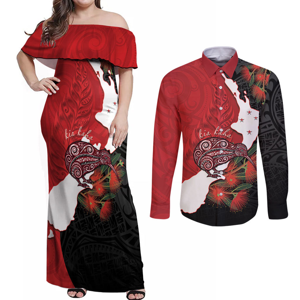 Kiwi New Zealand Personalised Couples Matching Off Shoulder Maxi Dress and Long Sleeve Button Shirt NZ Map Pohutukawa Fern Maori Pattern