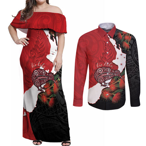 Kiwi New Zealand Personalised Couples Matching Off Shoulder Maxi Dress and Long Sleeve Button Shirt NZ Map Pohutukawa Fern Maori Pattern