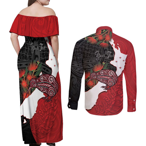 Kiwi New Zealand Personalised Couples Matching Off Shoulder Maxi Dress and Long Sleeve Button Shirt NZ Map Pohutukawa Fern Maori Pattern