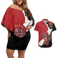 Kiwi New Zealand Personalised Couples Matching Off Shoulder Short Dress and Hawaiian Shirt NZ Map Pohutukawa Fern Maori Pattern