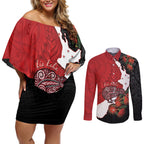 Kiwi New Zealand Personalised Couples Matching Off Shoulder Short Dress and Long Sleeve Button Shirt NZ Map Pohutukawa Fern Maori Pattern