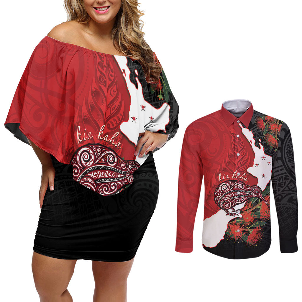 Kiwi New Zealand Personalised Couples Matching Off Shoulder Short Dress and Long Sleeve Button Shirt NZ Map Pohutukawa Fern Maori Pattern