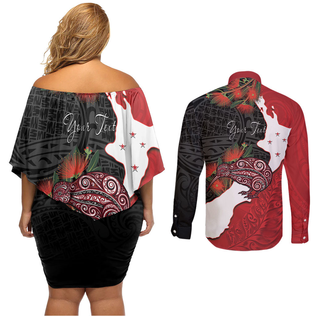Kiwi New Zealand Personalised Couples Matching Off Shoulder Short Dress and Long Sleeve Button Shirt NZ Map Pohutukawa Fern Maori Pattern