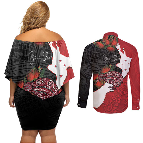 Kiwi New Zealand Personalised Couples Matching Off Shoulder Short Dress and Long Sleeve Button Shirt NZ Map Pohutukawa Fern Maori Pattern