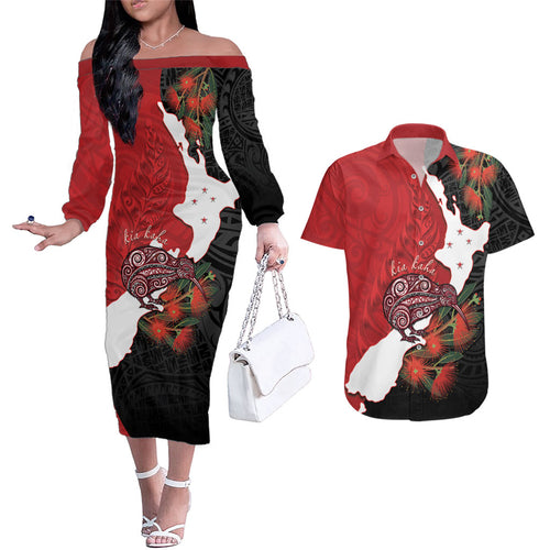 Kiwi New Zealand Personalised Couples Matching Off The Shoulder Long Sleeve Dress and Hawaiian Shirt NZ Map Pohutukawa Fern Maori Pattern