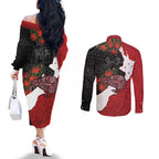 Kiwi New Zealand Personalised Couples Matching Off The Shoulder Long Sleeve Dress and Long Sleeve Button Shirt NZ Map Pohutukawa Fern Maori Pattern