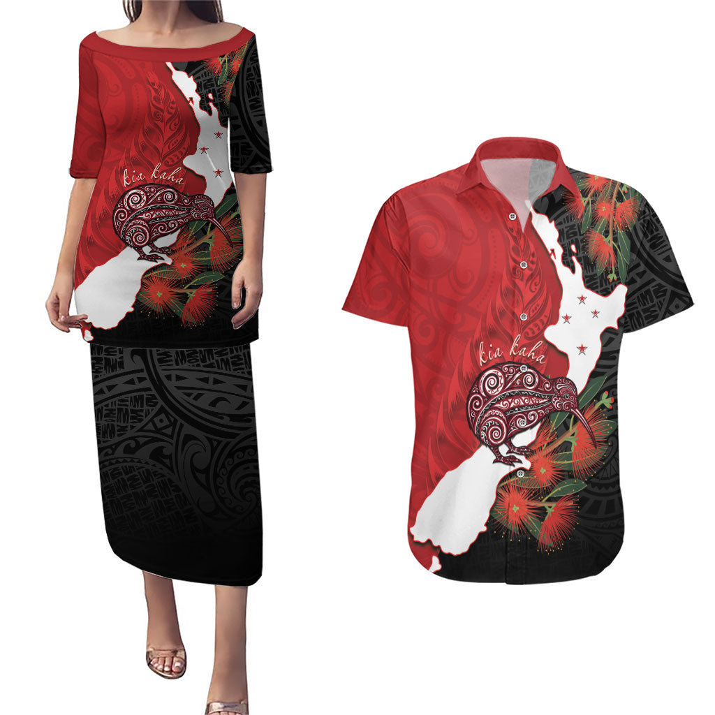 Kiwi New Zealand Personalised Couples Matching Puletasi and Hawaiian Shirt NZ Map Pohutukawa Fern Maori Pattern
