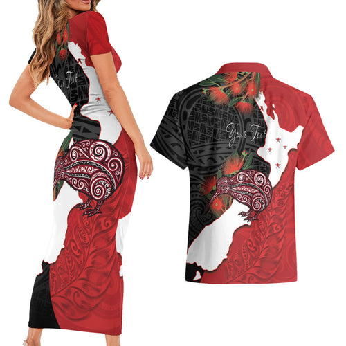 Kiwi New Zealand Personalised Couples Matching Short Sleeve Bodycon Dress and Hawaiian Shirt NZ Map Pohutukawa Fern Maori Pattern