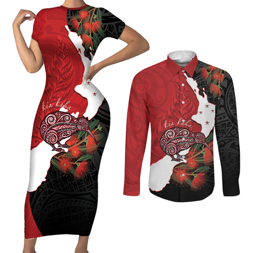 Kiwi New Zealand Personalised Couples Matching Short Sleeve Bodycon Dress and Long Sleeve Button Shirt NZ Map Pohutukawa Fern Maori Pattern