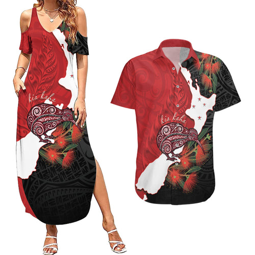 Kiwi New Zealand Personalised Couples Matching Summer Maxi Dress and Hawaiian Shirt NZ Map Pohutukawa Fern Maori Pattern