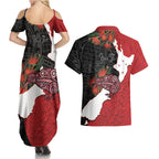 Kiwi New Zealand Personalised Couples Matching Summer Maxi Dress and Hawaiian Shirt NZ Map Pohutukawa Fern Maori Pattern