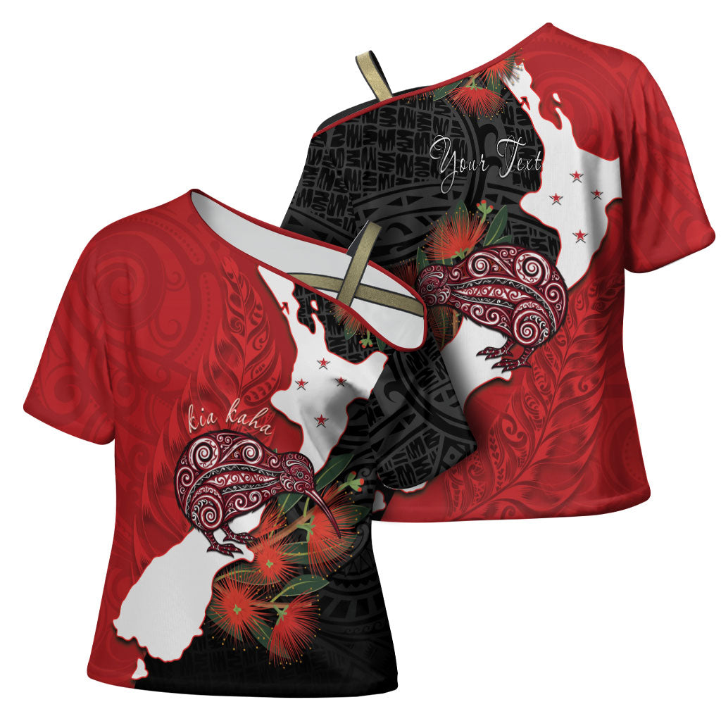 Kiwi New Zealand Personalised Cross Shoulder Shirt NZ Map Pohutukawa Fern Maori Pattern