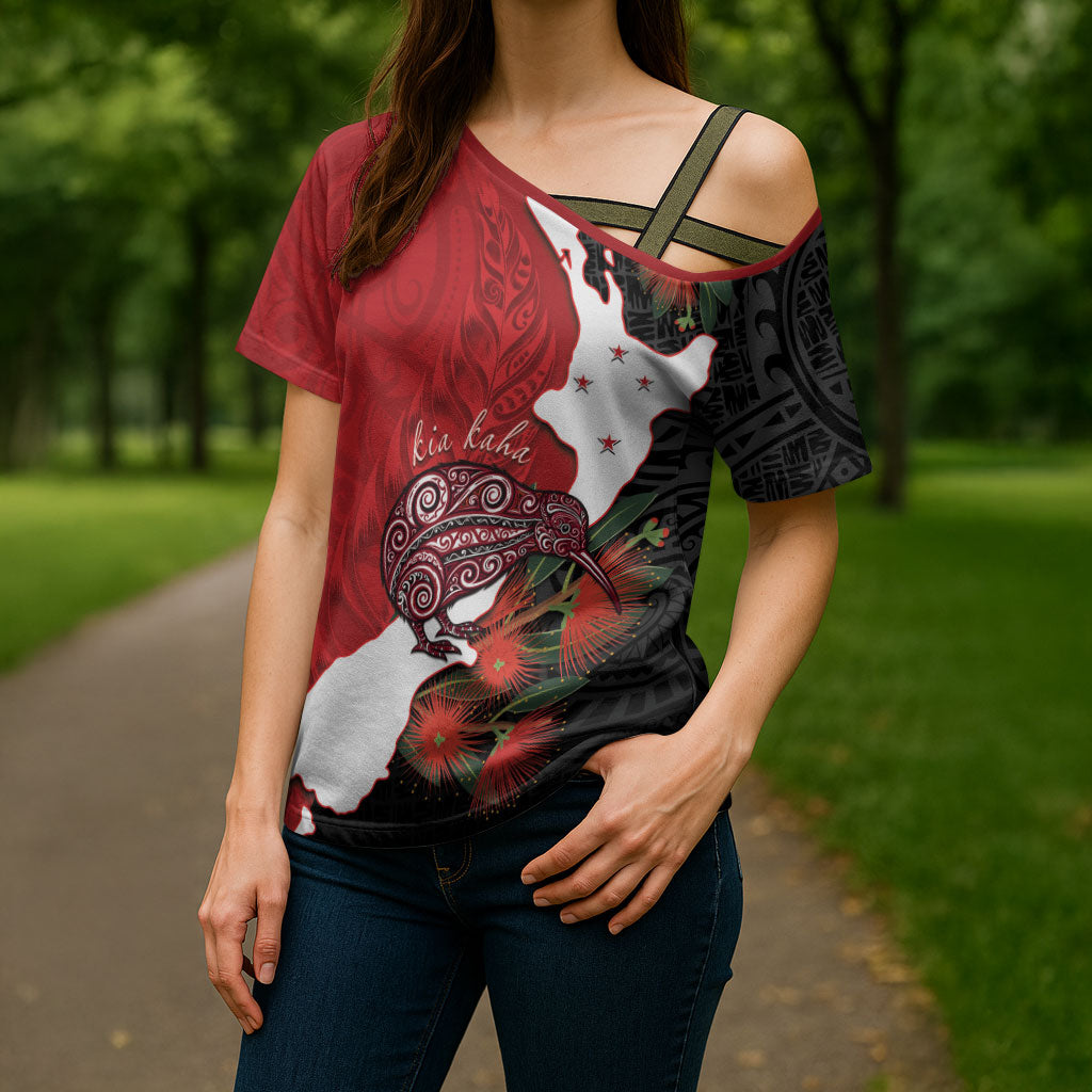 Kiwi New Zealand Personalised Cross Shoulder Shirt NZ Map Pohutukawa Fern Maori Pattern