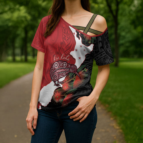 Kiwi New Zealand Personalised Cross Shoulder Shirt NZ Map Pohutukawa Fern Maori Pattern