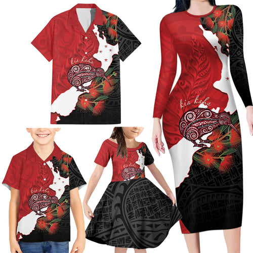 Kiwi New Zealand Personalised Family Matching Long Sleeve Bodycon Dress and Hawaiian Shirt NZ Map Pohutukawa Fern Maori Pattern