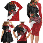 Kiwi New Zealand Personalised Family Matching Long Sleeve Bodycon Dress and Hawaiian Shirt NZ Map Pohutukawa Fern Maori Pattern