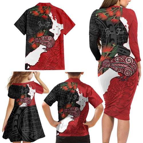 Kiwi New Zealand Personalised Family Matching Long Sleeve Bodycon Dress and Hawaiian Shirt NZ Map Pohutukawa Fern Maori Pattern