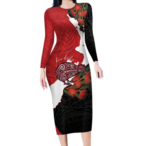 Kiwi New Zealand Personalised Family Matching Long Sleeve Bodycon Dress and Hawaiian Shirt NZ Map Pohutukawa Fern Maori Pattern