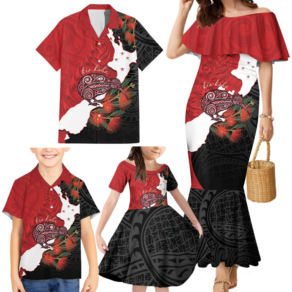 Kiwi New Zealand Personalised Family Matching Mermaid Dress and Hawaiian Shirt NZ Map Pohutukawa Fern Maori Pattern