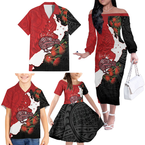 Kiwi New Zealand Personalised Family Matching Off The Shoulder Long Sleeve Dress and Hawaiian Shirt NZ Map Pohutukawa Fern Maori Pattern