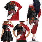 Kiwi New Zealand Personalised Family Matching Off The Shoulder Long Sleeve Dress and Hawaiian Shirt NZ Map Pohutukawa Fern Maori Pattern