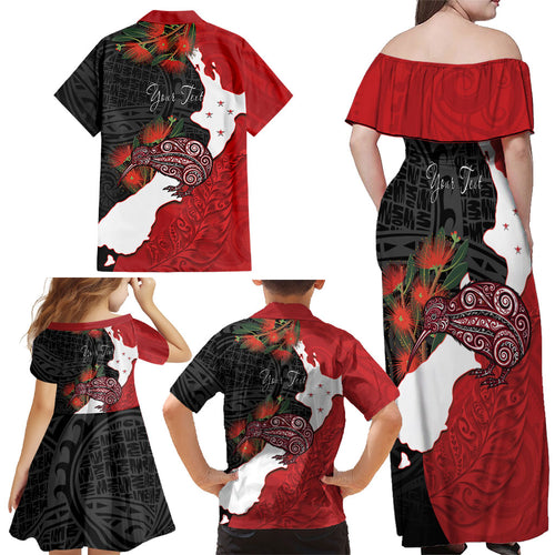 Kiwi New Zealand Personalised Family Matching Off Shoulder Maxi Dress and Hawaiian Shirt NZ Map Pohutukawa Fern Maori Pattern