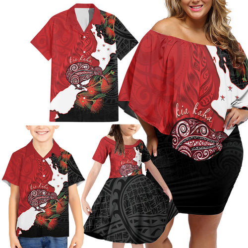 Kiwi New Zealand Personalised Family Matching Off Shoulder Short Dress and Hawaiian Shirt NZ Map Pohutukawa Fern Maori Pattern