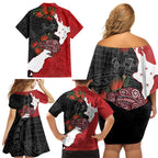Kiwi New Zealand Personalised Family Matching Off Shoulder Short Dress and Hawaiian Shirt NZ Map Pohutukawa Fern Maori Pattern
