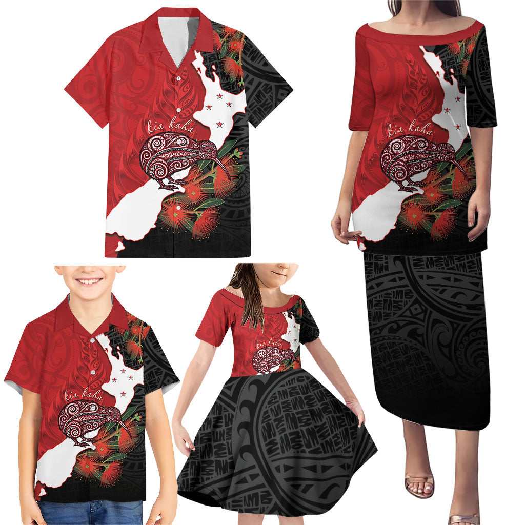 Kiwi New Zealand Personalised Family Matching Puletasi and Hawaiian Shirt NZ Map Pohutukawa Fern Maori Pattern