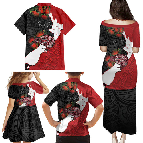 Kiwi New Zealand Personalised Family Matching Puletasi and Hawaiian Shirt NZ Map Pohutukawa Fern Maori Pattern