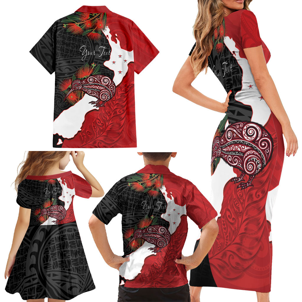 Kiwi New Zealand Personalised Family Matching Short Sleeve Bodycon Dress and Hawaiian Shirt NZ Map Pohutukawa Fern Maori Pattern