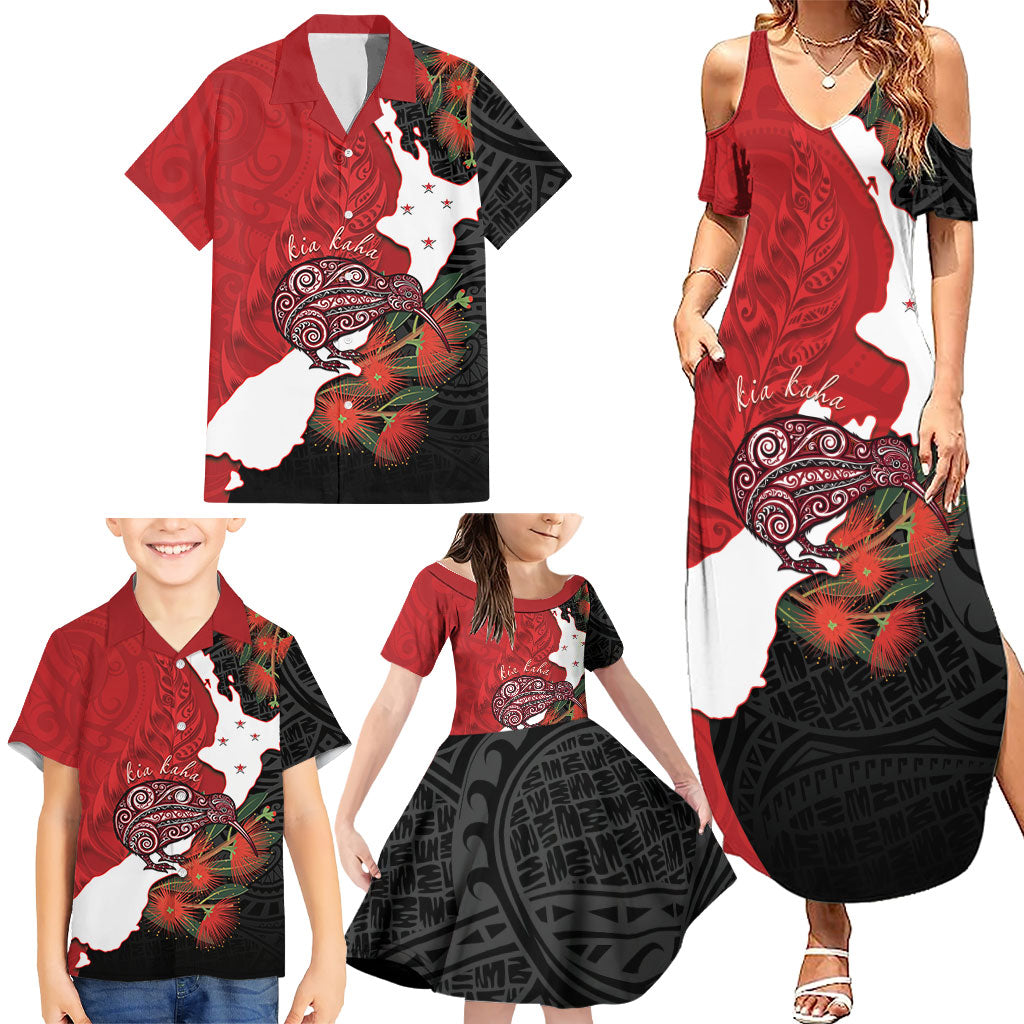 Kiwi New Zealand Personalised Family Matching Summer Maxi Dress and Hawaiian Shirt NZ Map Pohutukawa Fern Maori Pattern