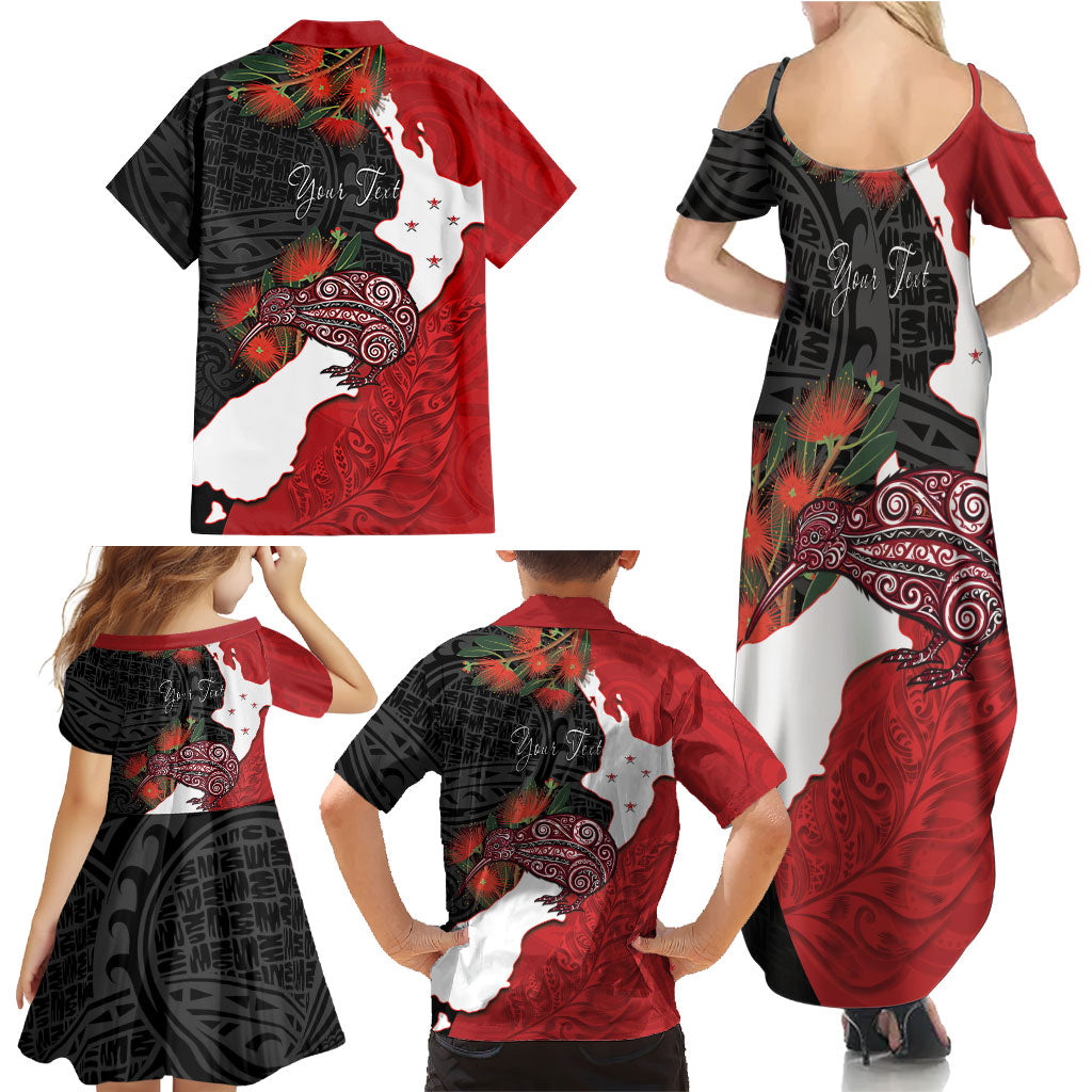 Kiwi New Zealand Personalised Family Matching Summer Maxi Dress and Hawaiian Shirt NZ Map Pohutukawa Fern Maori Pattern