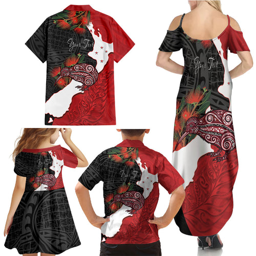 Kiwi New Zealand Personalised Family Matching Summer Maxi Dress and Hawaiian Shirt NZ Map Pohutukawa Fern Maori Pattern