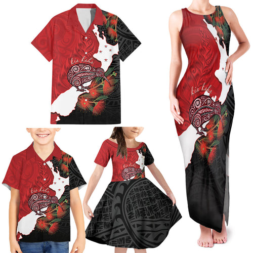Kiwi New Zealand Personalised Family Matching Tank Maxi Dress and Hawaiian Shirt NZ Map Pohutukawa Fern Maori Pattern