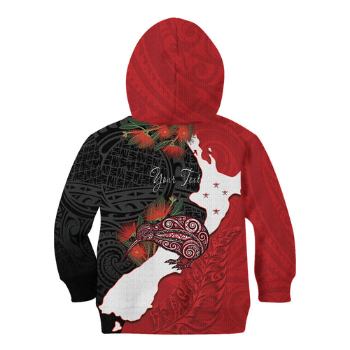 Kiwi New Zealand Personalised Kid Hoodie NZ Map Pohutukawa Fern Maori Pattern