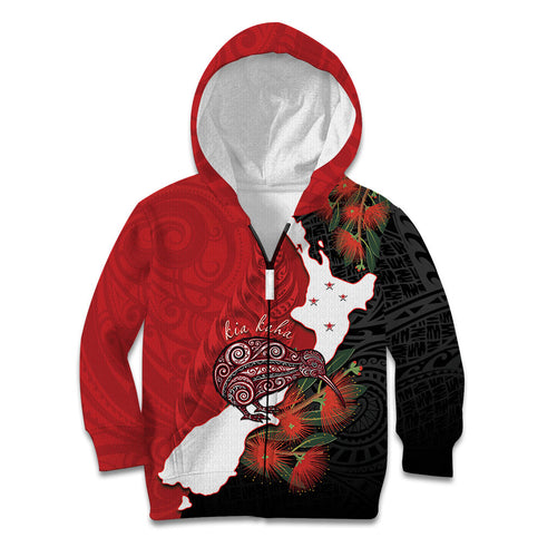 Kiwi New Zealand Personalised Kid Hoodie NZ Map Pohutukawa Fern Maori Pattern