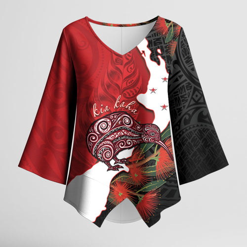 Kiwi New Zealand Personalised Kimono Sleeve Blouse NZ Map Pohutukawa Fern Maori Pattern