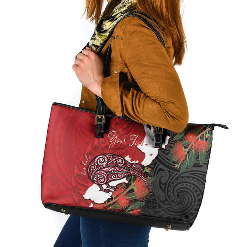 Kiwi New Zealand Personalised Leather Tote Bag NZ Map Pohutukawa Fern Maori Pattern