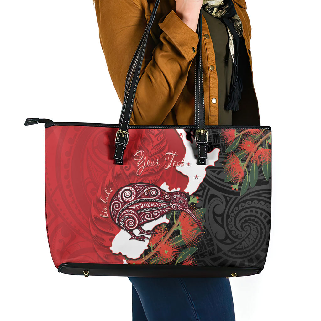 Kiwi New Zealand Personalised Leather Tote Bag NZ Map Pohutukawa Fern Maori Pattern