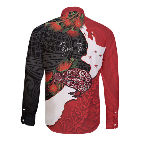 Kiwi New Zealand Personalised Long Sleeve Button Shirt NZ Map Pohutukawa Fern Maori Pattern